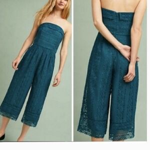 Anthropologie Greylin Teal Stowe Crochet Lace Strapless Wide-leg Jumpsuit sz. SM